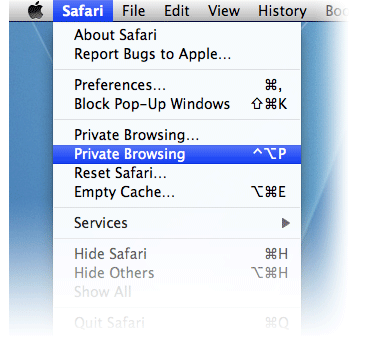 "Private Browsing" in Apple Mac using "Safari" menu  